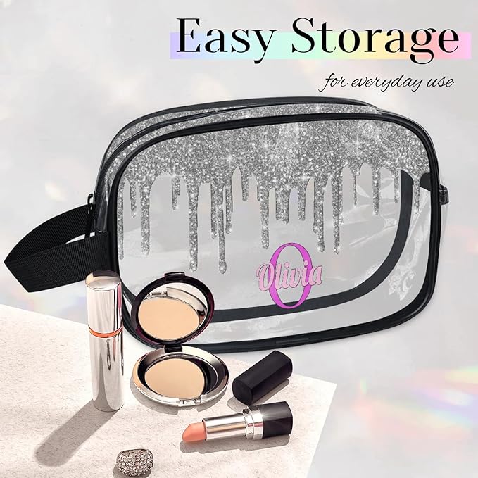 Custom Name Makeup Bag Travel Bag, Clear Toiletry Bag Travel Large Capacity Cosmetic Container Organizer for Shampoo, Shiny Stars Water Fluid Shape Silver Glittering