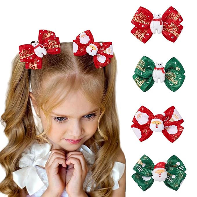4 Pcs Christmas Hair Clips Glitter Xmas Bow Hair Accessories for Girls Cute Bear Santa Claus Hairpin Ribbon Winter Hair Barrettes Red Green Holiday Claw Clips for Women Christmas Hair Decoration