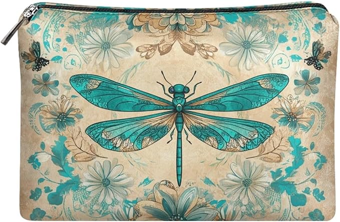 COEQINE Dragonfly Cosmetic Makeup Bag for Women Western Leather Cosmetic With Zipper for Travel Cosmetic Case for Ladies Party Bag Leather Purse for Women Small Cosmetic Wallet for Birthday Party
