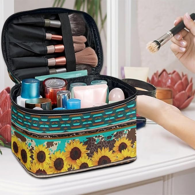 Western Aztec Sunflower Makeup Bag for Women Ladies Classic Cheetah Leopard Pattern Portable Cosmetic Bag with Zipper and Carry Handle Make Up Tote Bags Boho Tribal Toiletry Case Organizer