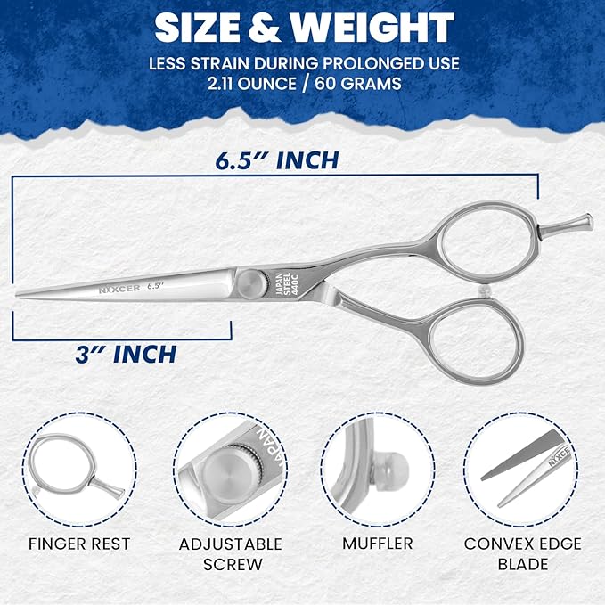 Professional Scissors - 6.5" Korean Convex Edge Blade Hair Cutting Scissors 440C Japanese Steel, Featuring Long-Lasting Sharpness