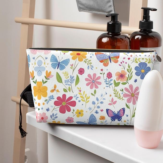 Womens Leather Makeup Bag Cosmetic Bag Travel Toiletry Bags Make Up Bags for Women Adult (Floral Butterflies)