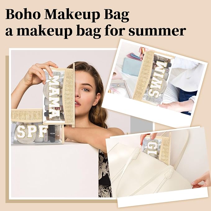 Small Boho Straw Clear Mama Makeup Bags for Women&Girls, Zipper Cosmetic Bag Chenille Varsity Letter Patch Bag, Preppy Cute Toiletry Pouch, Trendy Organizer Storage Bag for Beach Travel Essentials