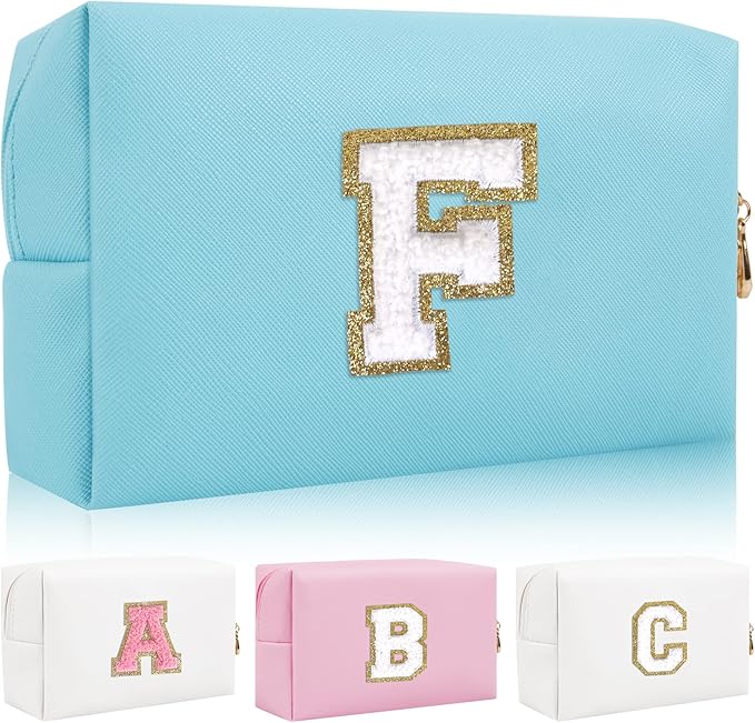 Personalized Initial Letter Patch Makeup Bag, Preppy Portable Chenille Cosmetic Bag with Zipper, PU Leather Waterproof Travel Toiletry Bag Monogram Make Up Pouch for Women Girls
