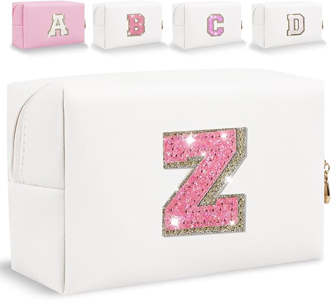 Glitter Initial Letter Makeup Bag, Small Personalized Sequins Letters PU Leather Cosmetic Bag Portable Waterproof Makeup Zipper Pouch, Shine Handbag Organizer Travel Bag Gifts for Women&Girls(White-Z)