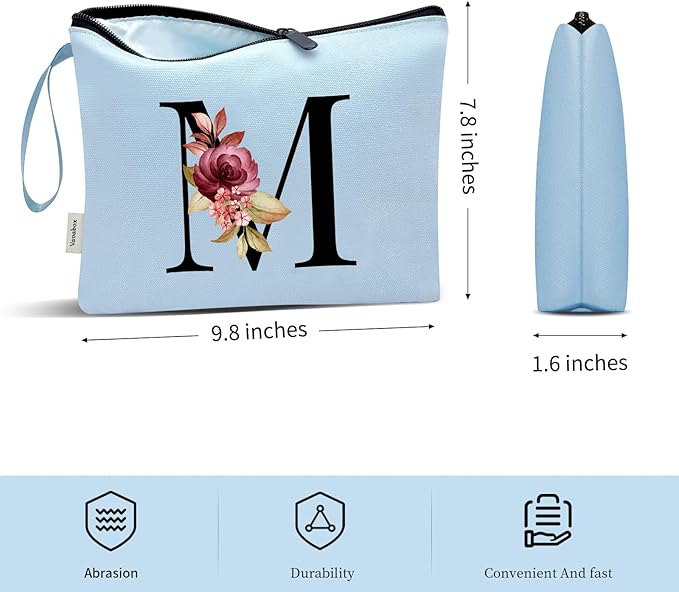 Vavabox A-Z Personalized Makeup Bag, Birthday Gifts for Women Mom, Gifts for Best Friend, Bride Bridesmaid Cosmetic bag (M, Blue)