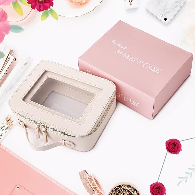 Pinkmik Clear Makeup Bag for Women Waterproof Travel Cosmetics and Toiletries Case Portable Makeup Oaganizer Bag Clear Car Bag with Zipper (Beige, M+L)