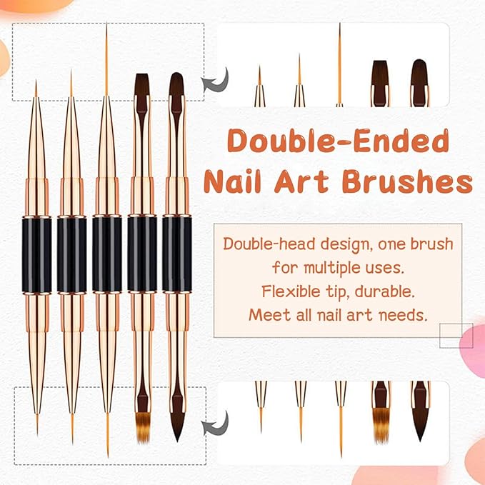 5Pcs Nail Art Bushes Set Double-Ended Professional Gel Polish Nail Art Design Painting Tools Nail Art Liner Brush (5/7/9/11/15/20mm) for Nails Detail, Long Lines, Ombre, Drawing(Black)
