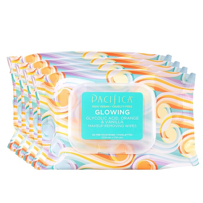 Pacifica Beauty | Glowing Makeup Remover Wipes | Gycolic Acid, Coconut Water, Aloe Infused | Daily Cleansing + Exfoliating | Clean Skin Care | Plant Fiber Facial Towelettes | 4 Count | Vegan