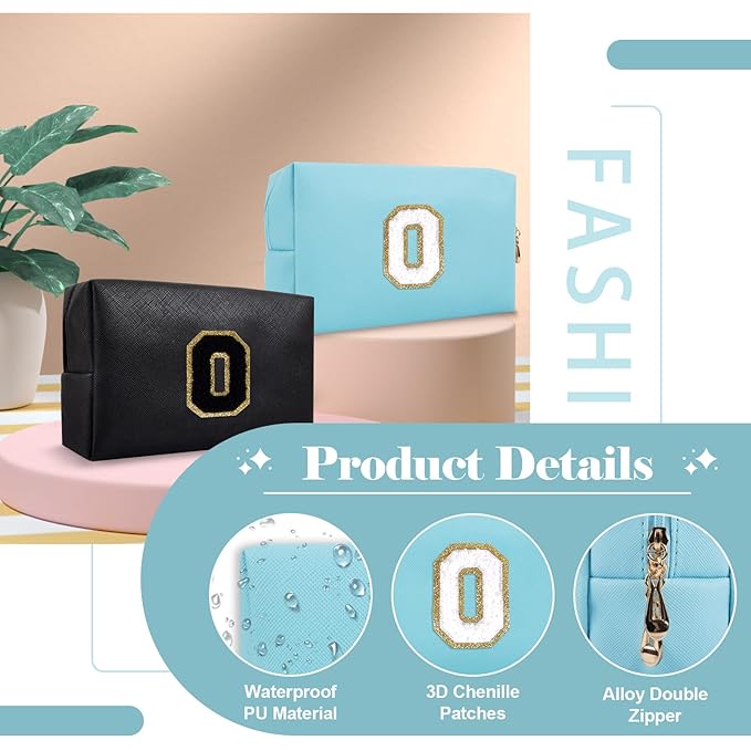 Small Personalized Initial A-Z Preppy Patch Makeup Bag,PU Chenille Letter Travel Cosmetic Pouch with Zipper,Blue Cute Toiletry Bag,Gift Ideal for Teen Girls Women Teacher Bridesmaid,Letter O