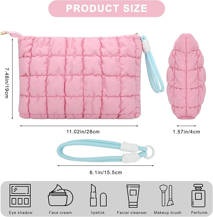 DOB SECHS Puffer Quilted Makeup Bag with Handle, Cute Puffy Cotton Cosmetic Bags for Women, Checkered Quilt Toiletry Zipper Pouch, Travel Essentials Storage Organizer Large Clutch Pouches Case, Pink