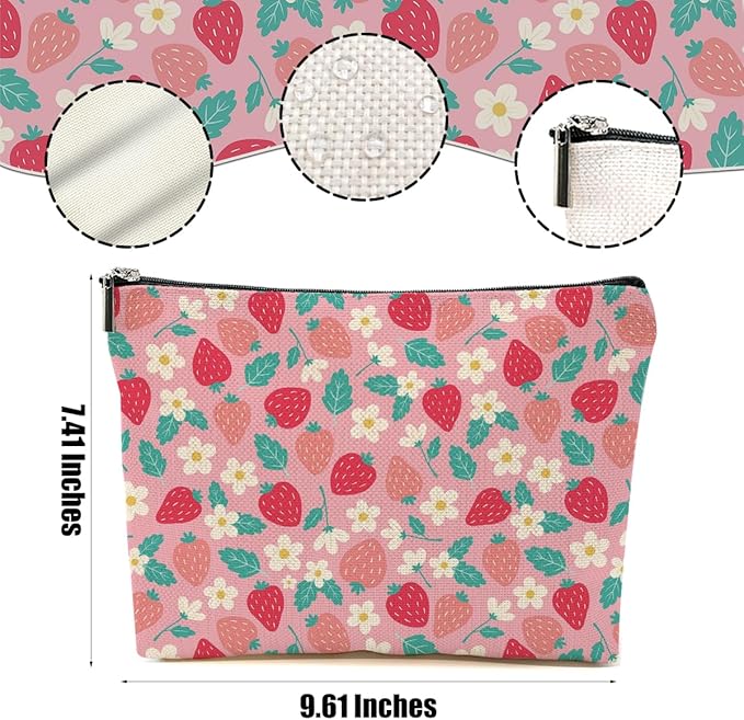 Cute Flowers Strawberry Makeup Bag Floral Cosmetic Bag Friend Friendship Gifts for Women Girls Sister Bestie Coworker Botanical Travel Organizer Zipper Pouch Christmas Thanksgiving Birthday Gifts