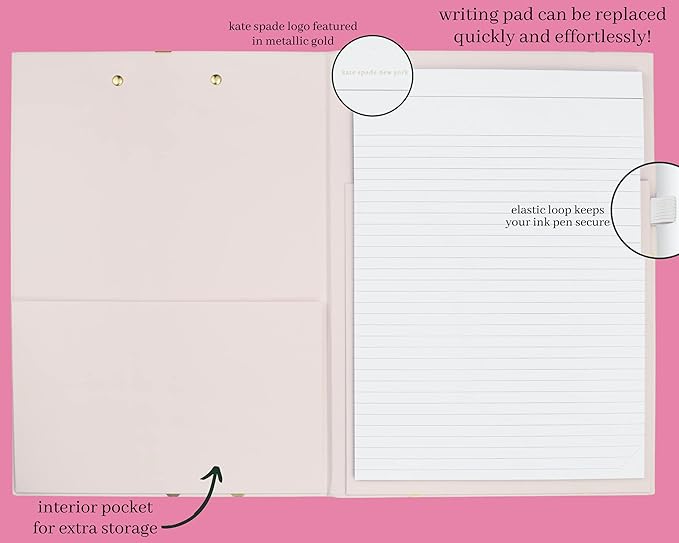 Kate Spade New York A4 Clipboard Folio with Low Profile Clip, Professional Padfolio Includes Lined Notepad, Pen Loop, and Pocket, Gold Dot with Script