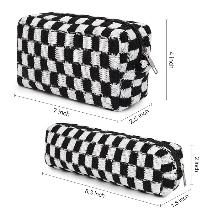 SOIDRAM Makeup Bag Checkered Cosmetic Bag Black Makeup Pouch 1Pcs Large Capacity Makeup Bags and 1Pcs Makeup Brushes Storage Bag Travel Toiletry Bag Organizer