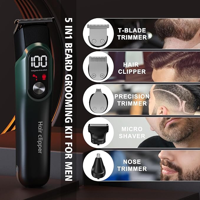 RUIBO Hair Clippers for Men Professional 5 in 1 Cord/Cordless Beard Nose Ear Body Grooming Hair Clipper Trimmer with Smart Charge Technology (Green)