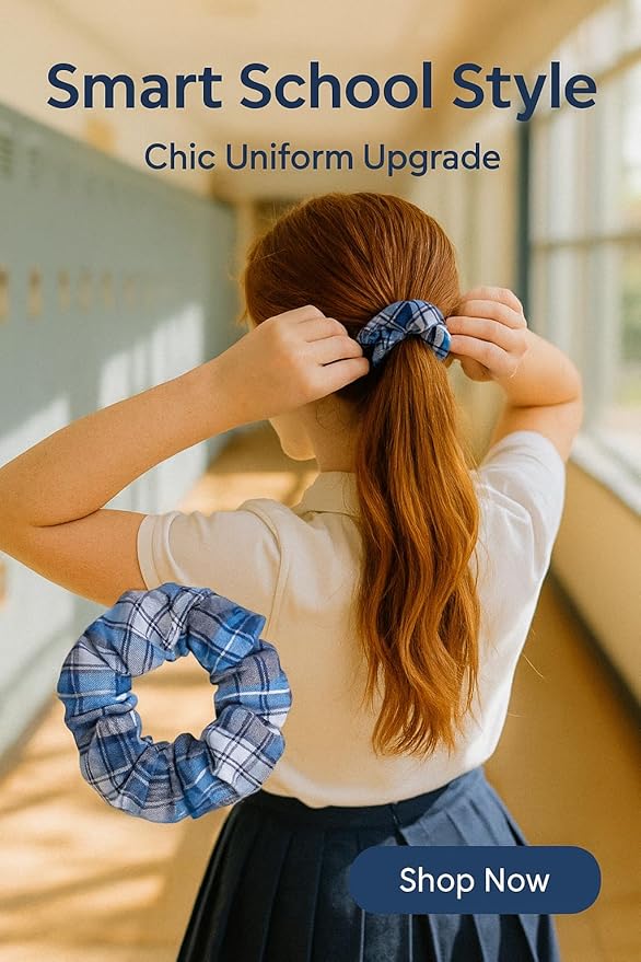 Plaid scrunchie, ClassExceed school uniform plaid, Back to school, handmade school uniform hair accessories (Lt blue white Navy Plaid76)