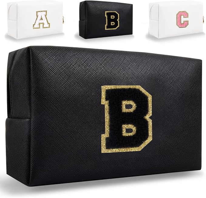 Small Personalized Letter Makeup Bag, Cute PU Leather Chenille Letters Cosmetic Bag Travel Makeup Pouch, Preppy Travel Organizer Zipper Pouch for Women&Girls（Black-B）