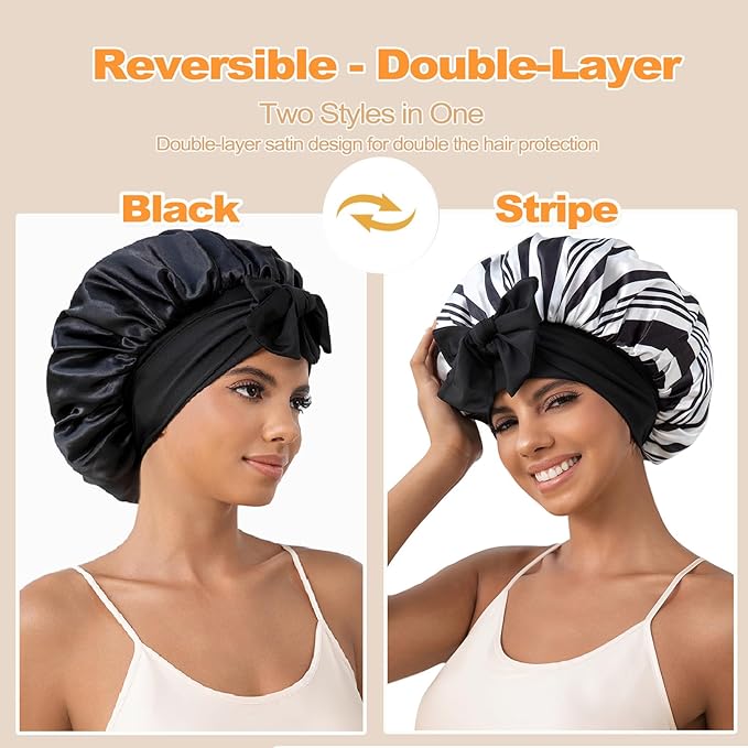 GDTOGRT Satin Silk Bonnet for Sleeping Women - Double Layer Sleep Hair Bonnets Caps for Curly Braid Hair with Tie Band
