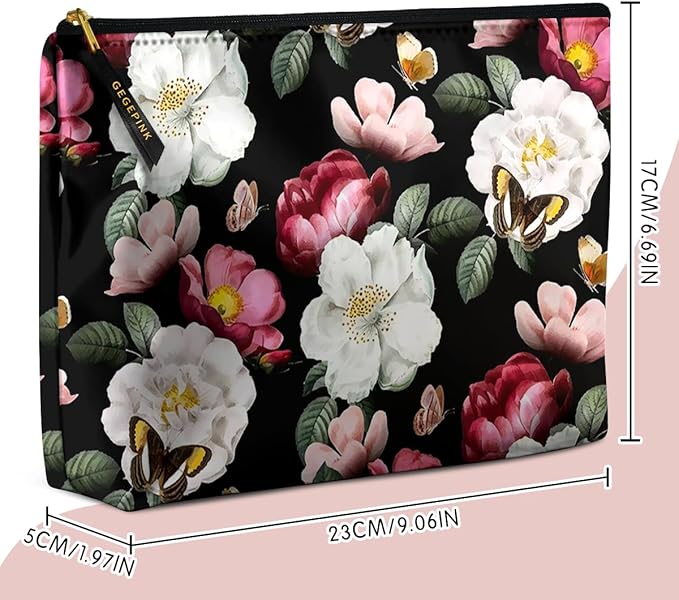 Cute Makeup Bag for Purse Waterproof Cosmetic Bags for Women Funny Smooth Zipper Travel Toiletry Pouch 10X8 Inches-Black Floral Makeup pouch