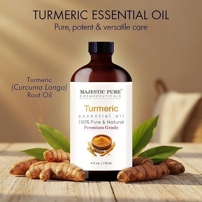 Majestic Pure Turmeric Essential Oil with Glass Dropper - 4 Fl Oz - 100% Pure and Natural Turmeric Oil - Premium Grade Essential Oils for Diffuser, Aromatherapy, Soap and Candle Making