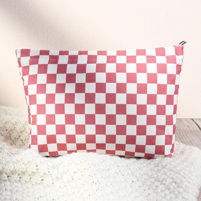 SOIDRAM 2 Pcs Checkered Makeup Bag Large Cosmetic Bag Toiletry Bag Makeup Pouch Travel Bag Organizer Cute Makeup Brushes Aesthetic Accessories Storage Bag for Women Peach Pink