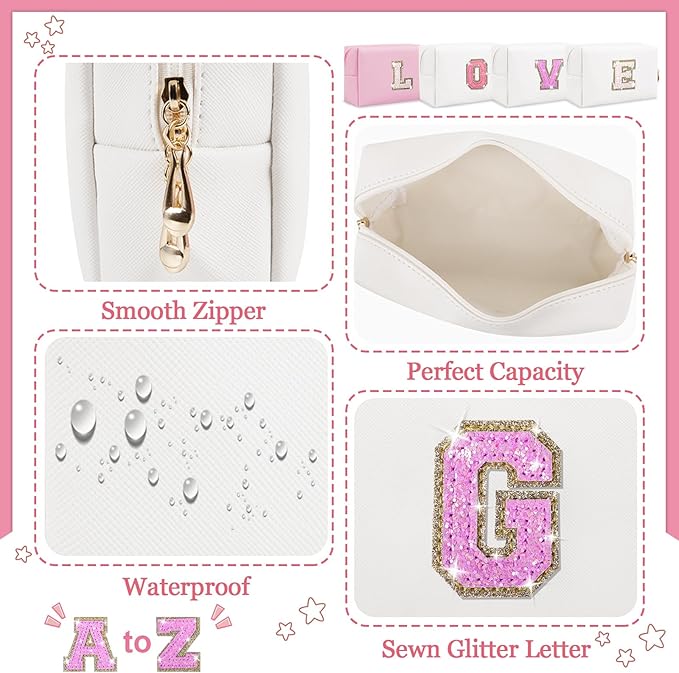 Initial Letter Patch Makeup Bag, Preppy Glitter Pouch Cosmetic Bag, Small PU Travel Toiletry Bag Zipper, Personalized Monogrammed Gift for Friends, Sister, Cute Stuff for Women, Teen Girls