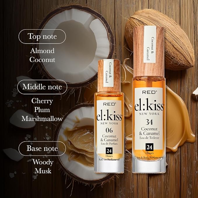 EL:KISS Roll On Perfume, Coconut & Caramel Eau de Parfum 12mL (.40 Fl Oz), Hydrating & Long-Lasting, Alcohol-Free & Mineral Oil-Free, Infused with Jojoba, Argan & Coconut Oil