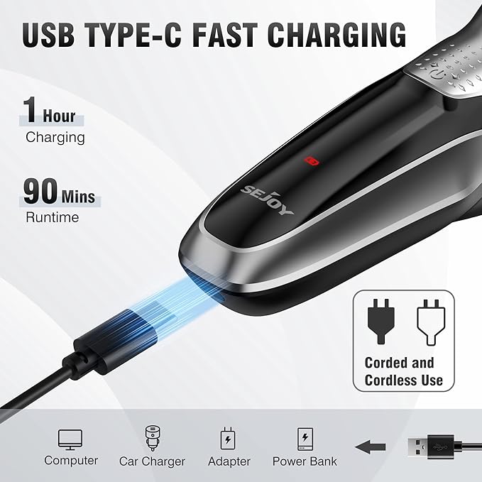 Sejoy Electric Shavers for Men, Mens Electric Razors Cordless, Rechargeable Razor with Pop-up Trimmer, Portable Travel Shavers Waterproof IPX7, 3D Floating Head, USB Charging