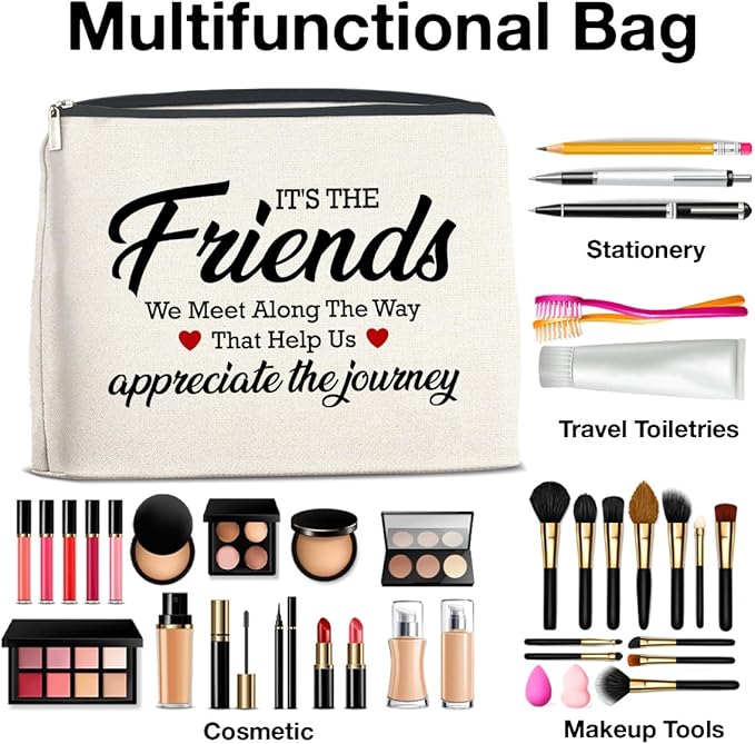 Makeup Bag - Appreciation Gift for Friends, Bestie, Soul Sister - 'It's the Friends We Meet Along the Way' Zipper Pouch