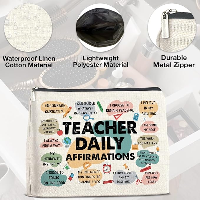 Inspirational Teacher Gifts Makeup Bag, Graduation & Daily Affirmations Zipper Pouch