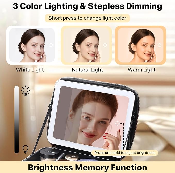 Travel Makeup Bag with LED Mirror, Large 12 Inch Cosmetic Train Case with Jewelry Organizer, 10X Magnifying Mirror, Adjustable Dividers for Cosmetics Makeup Brushes Toiletry, Includes 6 Velvet Pouches