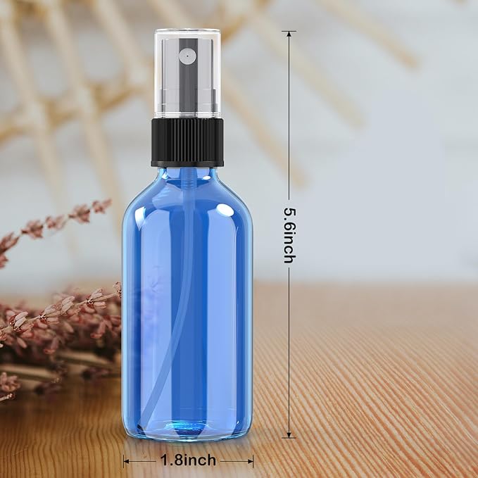 Wedama 4 oz Mini Glass Spray Bottles, Empty Small Spray Bottles with Funnel Dropper, Fine Mist for Hair, Travel, Plants, Cleaning Solutions and Skin Care (4 Pack Sky Blue)