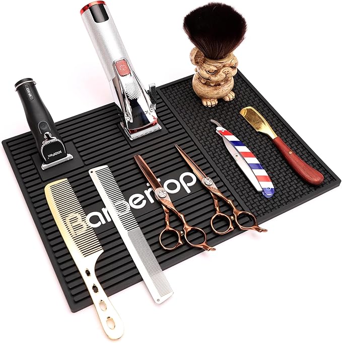 Barber Tools Organizer Mat, Magnetic Barber Mat with 2 Magnetic Slots, Barber Clippers Mat, Magnet Strip Station Pad for Hairstylist