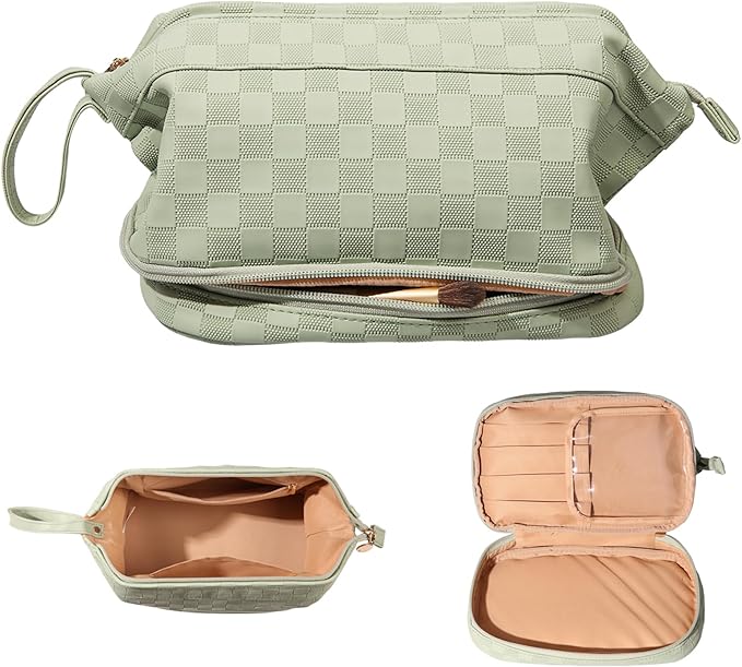 Abiudeng Large Capacity Makeup Bag Ladies Cosmetic Bag Travel Bag with Compartments Portable PU Leather Travel Makeup Bag with Handle