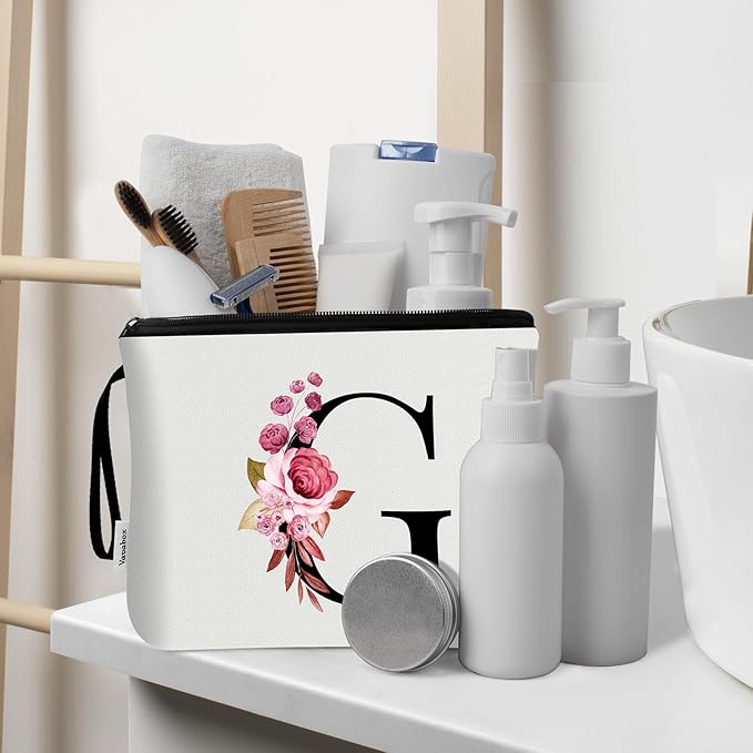 Vavabox A-Z Personalized Makeup Bag, Birthday Gifts for Women Mom, Gifts for Best Friend, Bride Bridesmaid Cosmetic bag (G, 03-White Set)