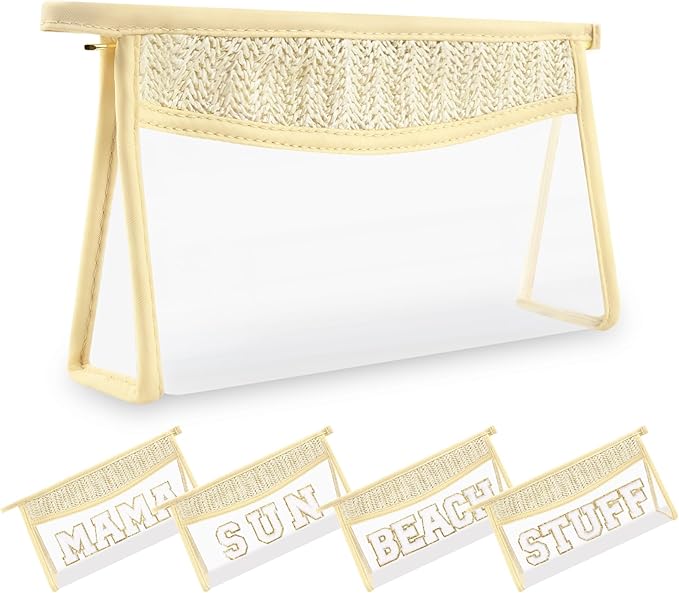 Small Boho Straw Clear Makeup Bags for Women&Girls, Zipper Cosmetic Bag Chenille Varsity Letter Patch Bag, Preppy Cute Toiletry Pouch, Trendy Organizer Storage Pouch for Beach Travel Essentials