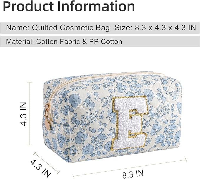 Gleyemor Personalized Initial Makeup Bag for Women, Cute Quilted Blue Floral Cotton Cosmetic Bag, Christmas Gifts for Her Mom Friend Sister Bridesmaid Teacher Women E
