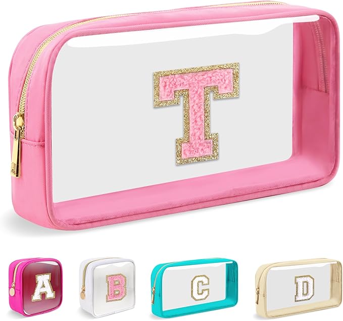 Small Clear Personalized Initial Makeup Bag, Preppy Nylon A-Z Chenille Letter Patch Makeup Organizer TSA Approved Travel Toiletry Bag,Waterproof Zip Beach Cosmetic Pouch Purse for Women(Pink-Pink T)
