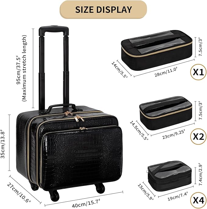 OCHEAL Rolling Makeup Train Case,with 7 Pcs Clear Makeup Bags, 18" Carry On Travel Cosmetic Organizer Suitcase,Extra Large Storage Trolley Makeup Case On Wheels for Hairstylist Cosmetology Artist