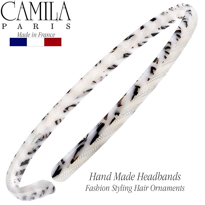 Camila Paris CP3471 French Headband for Women, Handmade White and Gray, Strong Hold Grip Women's Hair Band, Ligth and Very Flexible, No Slip and Durable Styling Girls Hair Accessories, Made in France