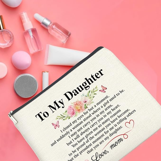 to My Daughter Makeup Bag Gifts from Mom, Gifts for Daughter Christmas Birthday, Daughters Cosmetic Bag Zipper Makeup Pouch