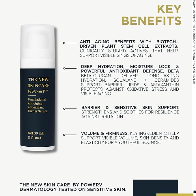 The New Skin Care by PowerV | Plant Stem Cells | Astaxanthin + Beta-Glucan Anti-Aging Barrier Serum with Ceramides and Squalane, Fragrance-Free, Hydrating, for Sensitive & All Skin Types 30 ML