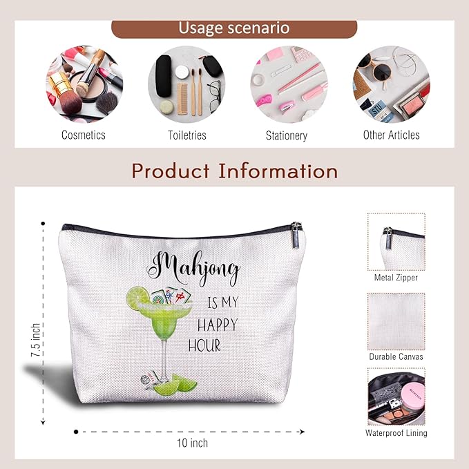 Mahjong Margarita Cosmetic Bag - Mahjong Makeup Bag Women's Zippered Bag, Friendship Gifts for Mah Jong Lover