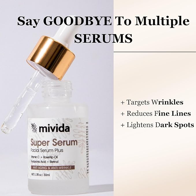 mivida 4-in-1 Anti-Aging Serum for face | Retinol, Vitamin C, Hyaluronic Acid & RoseHip Oil | Reduces Fine Lines, Wrinkles | multi benefit Face Super Serum – 1 Fl Oz