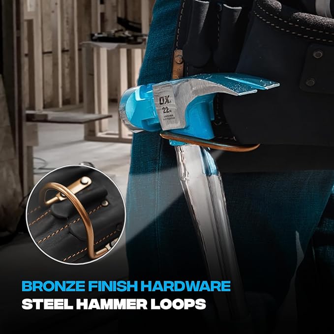 OX Pro Oil Tanned Leather Framing Rig with Padded Suspenders Leather Carpenter Tool Belt with Suspenders and Tool Pouches Dual Hammer Holsters OX-P263609