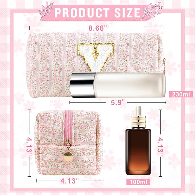 Personalized Quilted Cosmetic Bag, Puffy Monogrammed Christmas Birthday Gifts for Women & Girls, Cute initial Floral Makeup Bag Puffer Coquette Bag, Aesthetic Travel Toiletry Zipper Pouch(Pink,Y)