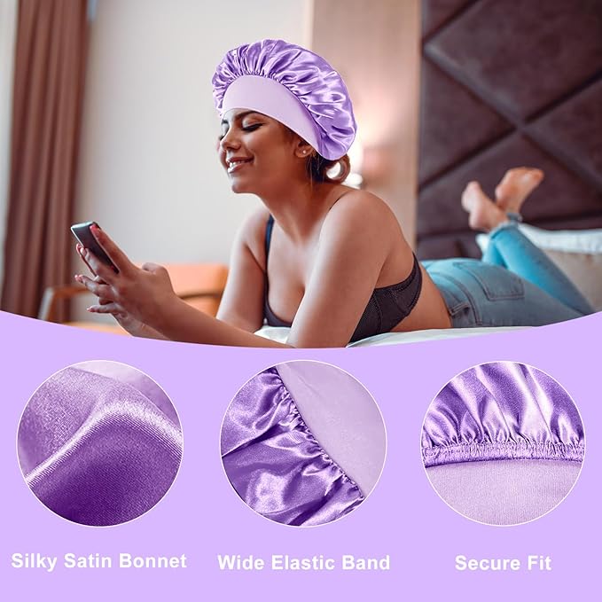 4Pcs Silk Hair Bonnets for Sleeping - Elastic Wide Band Satin Hair Wrap for Sleeping Black Women Men,Silk Bonnets for Curly Hair,Sleep Cap (Purple & Pink & Sapphire Blue & Black)