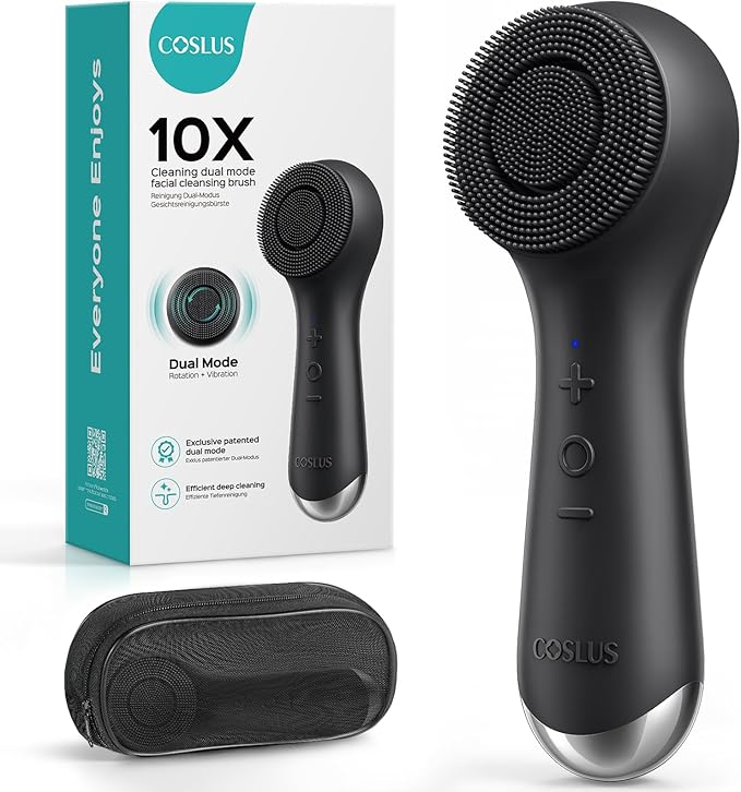 COSLUS Face Scrubber Facial Cleansing Brush: 2 in 1 Spin and Vibration Patented Tech, Silicone Electric Exfoliator Scrubber with Automatic Foaming, Waterproof Face Cleanser Brush for Men and Women