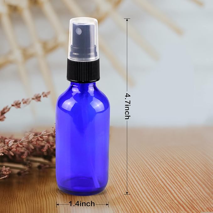 Wedama Mini Glass Spray Bottles 2 oz, Empty with Funnel Dropper, Fine Mist for Hair, Travel, Plants, Cleaning Solutions and Skin Care (4 Pack Blue)