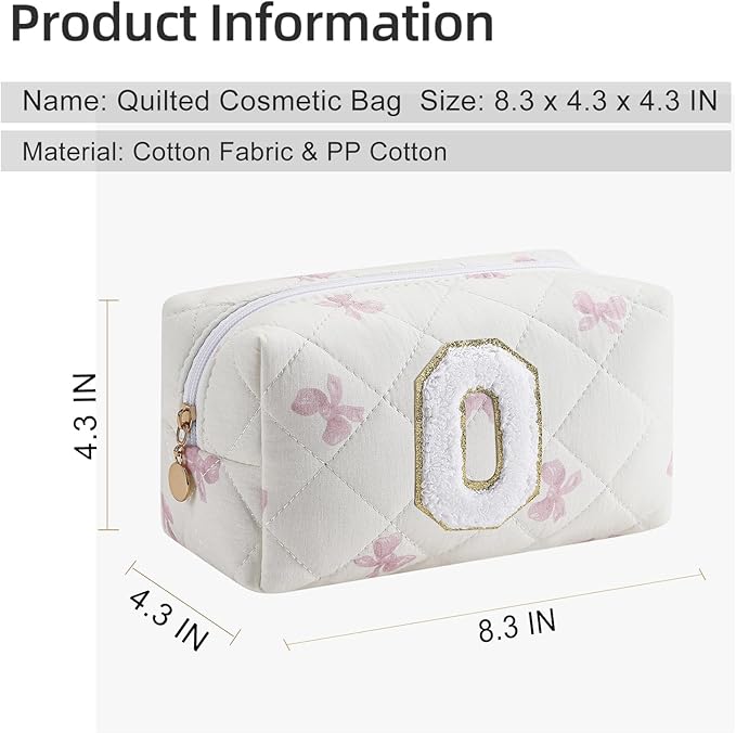 Gleyemor Personalized Initial Makeup Bag for Women, Cute Quilted Pink Floral Cotton Cosmetic Bag, Christmas Gifts for Her Mom Friend Sister Bridesmaid Teacher Women O